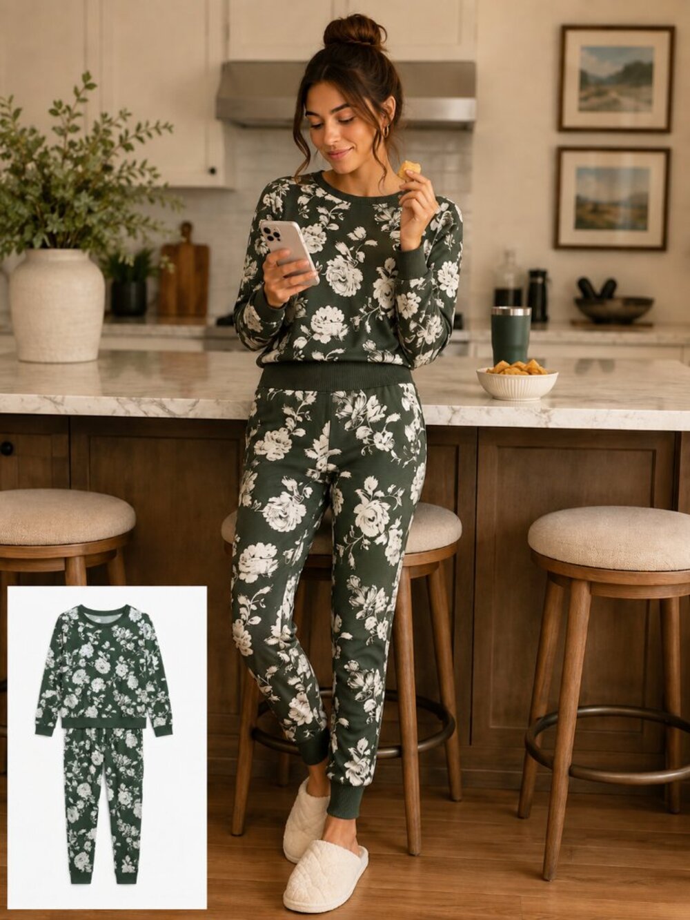 Honeydew Women’s Small Green Ivory Floral 2-Piece Pajama Lounge Set